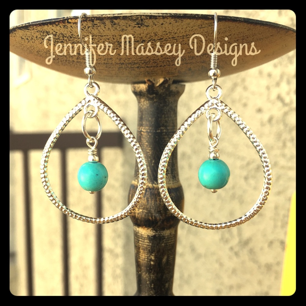 Silver teardrop hoops with turquoise drop earrings